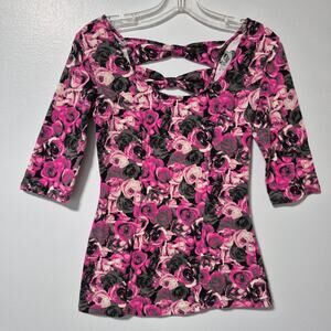 No Boundaries Juniors Top Small Pink Gray Floral Scoop Neck Bow Ties on Back